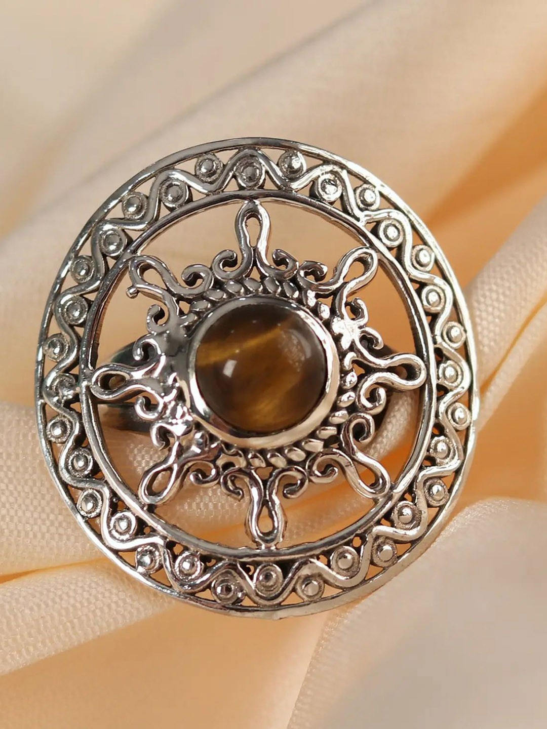 

Exotic India Sterling Silver Tigereye Sun-Design Stone-Studded Finger Ring