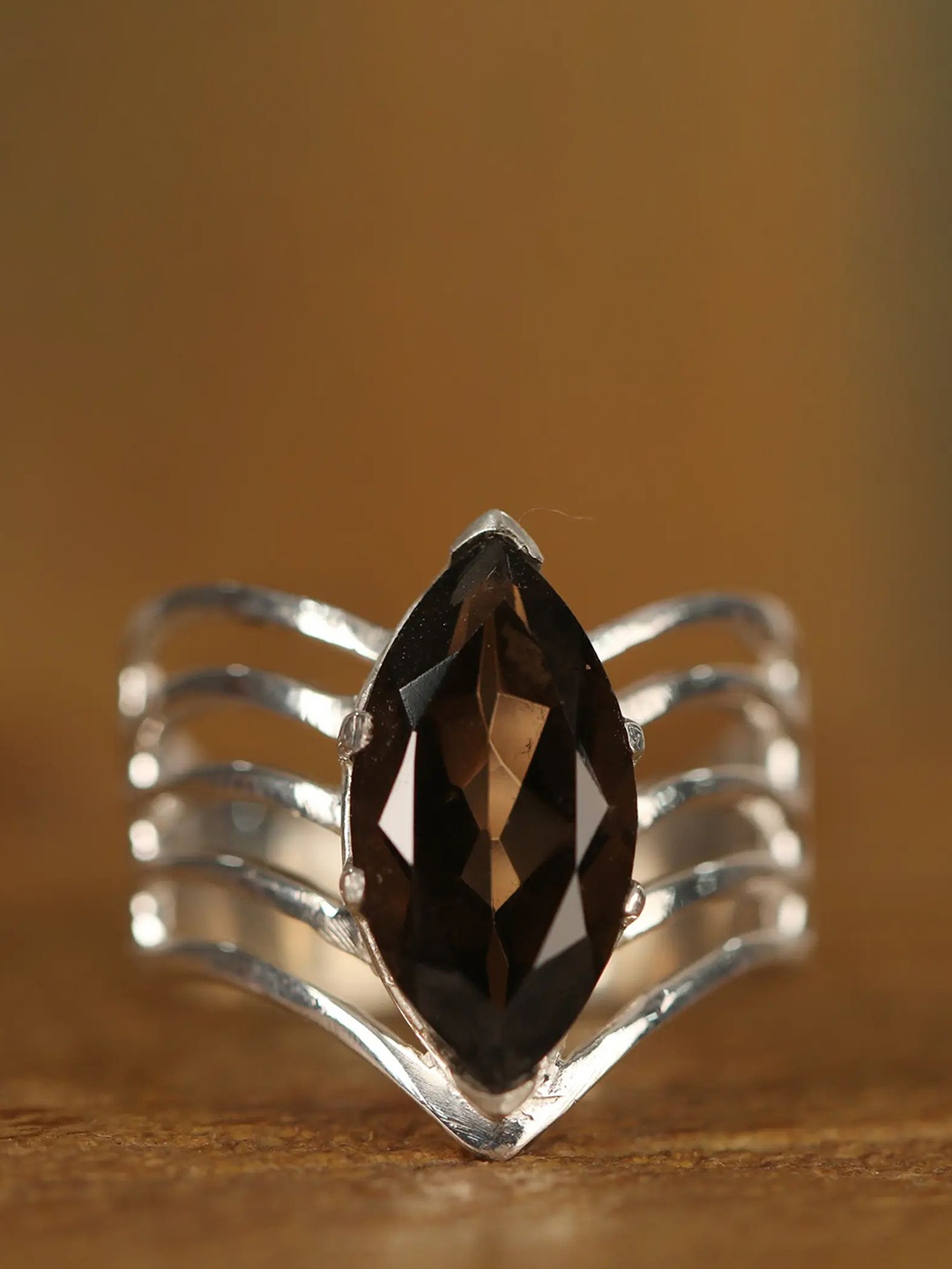 

Exotic India Silver-Plated Sterling Silver Smokyquartz Cage Stone-Studded Finger Ring