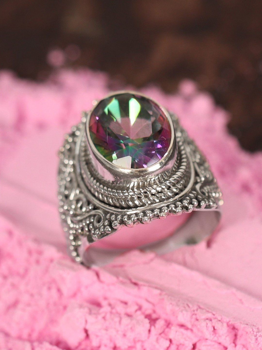 

Exotic India Sterling Silver-Plated Designer Mystic Topaz Finger Ring