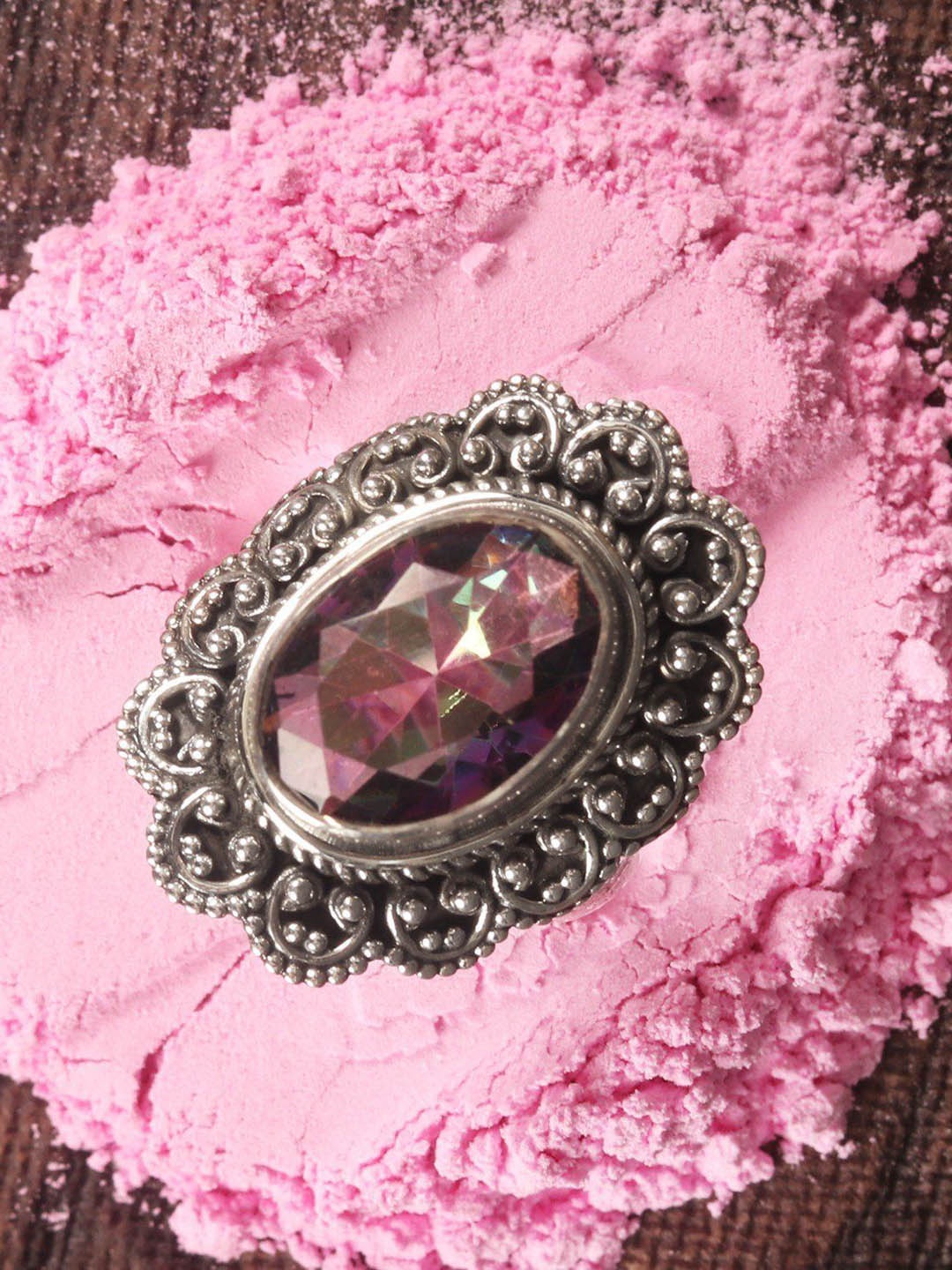 

Exotic India Sterling Silver-Plated Flower-Shaped Mystic Topaz Finger Ring