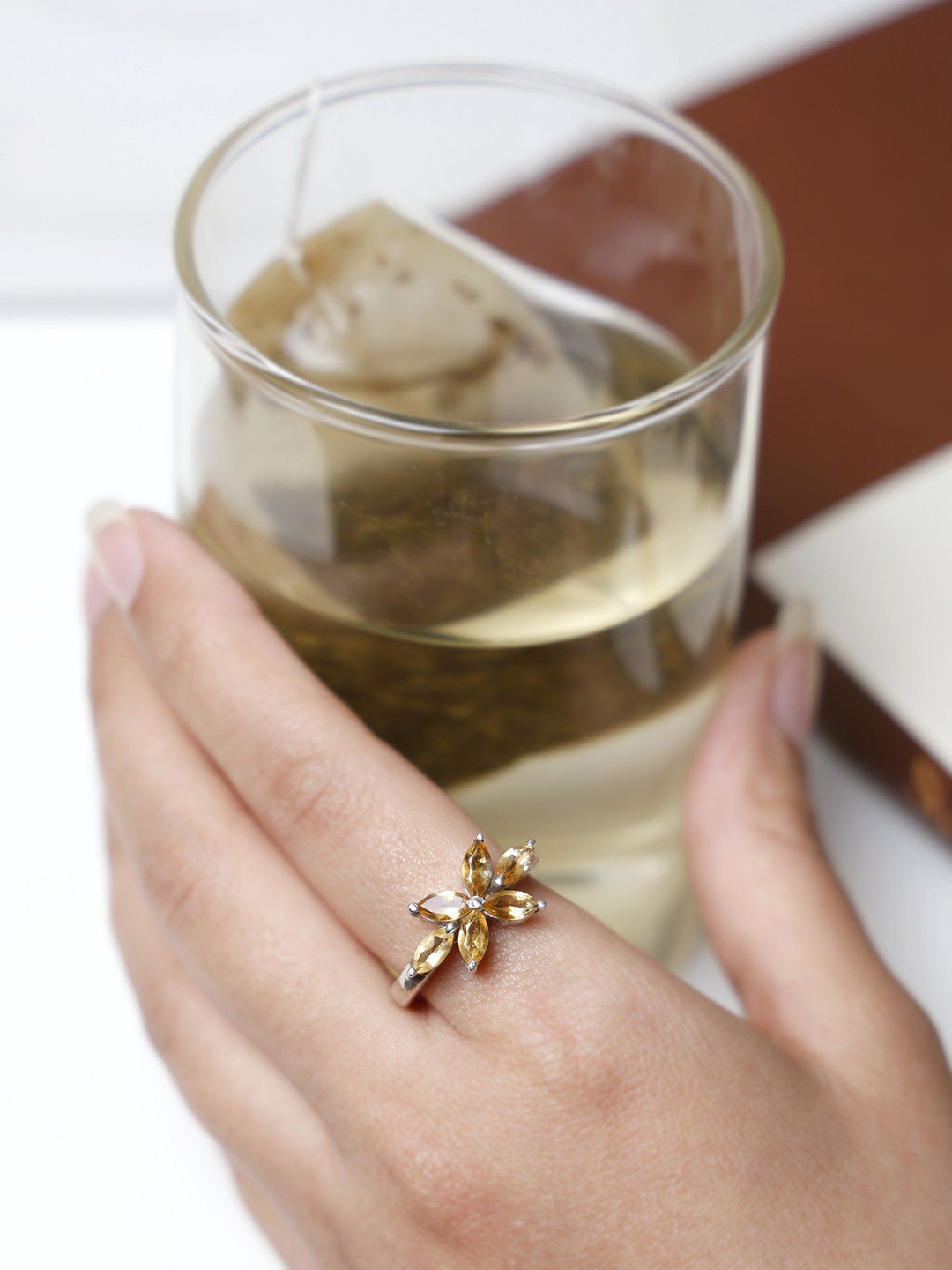

Exotic India Sterling Silver-Plated Citrine Studded Finger Ring