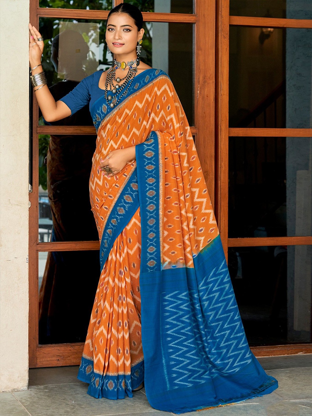 

Panzora Geometric Printed Ikat Saree, Orange