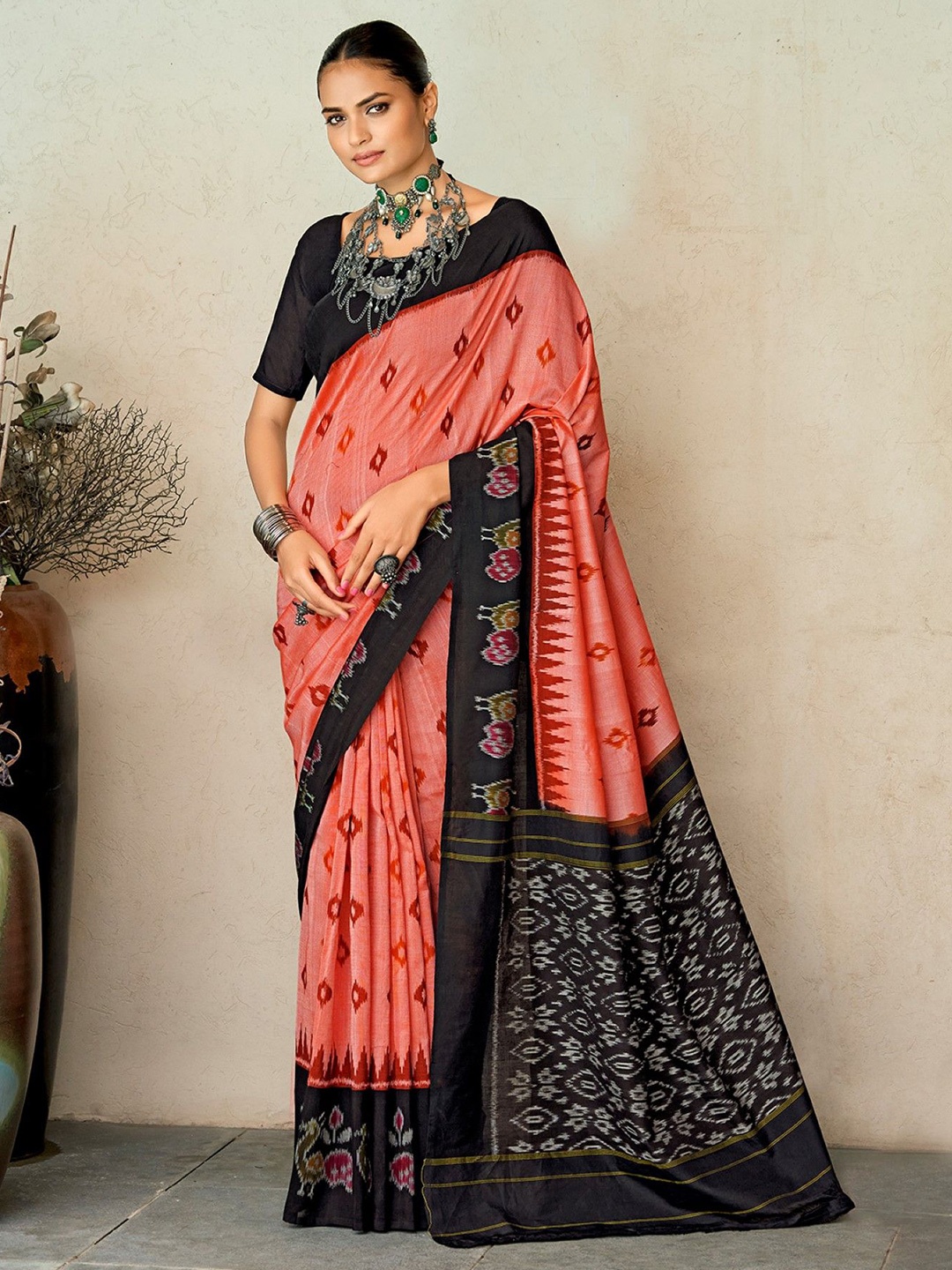 

Panzora Ikat Poly Cotton Geometric Printed Traditional Celebrity Saree, Black