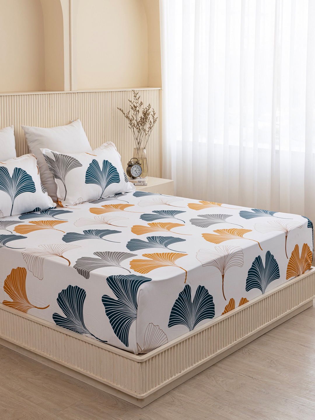 

HOMEMONDE White Floral Printed 210 TC Cotton Double Queen Bedsheet & 2 Pillow Covers, Mustard