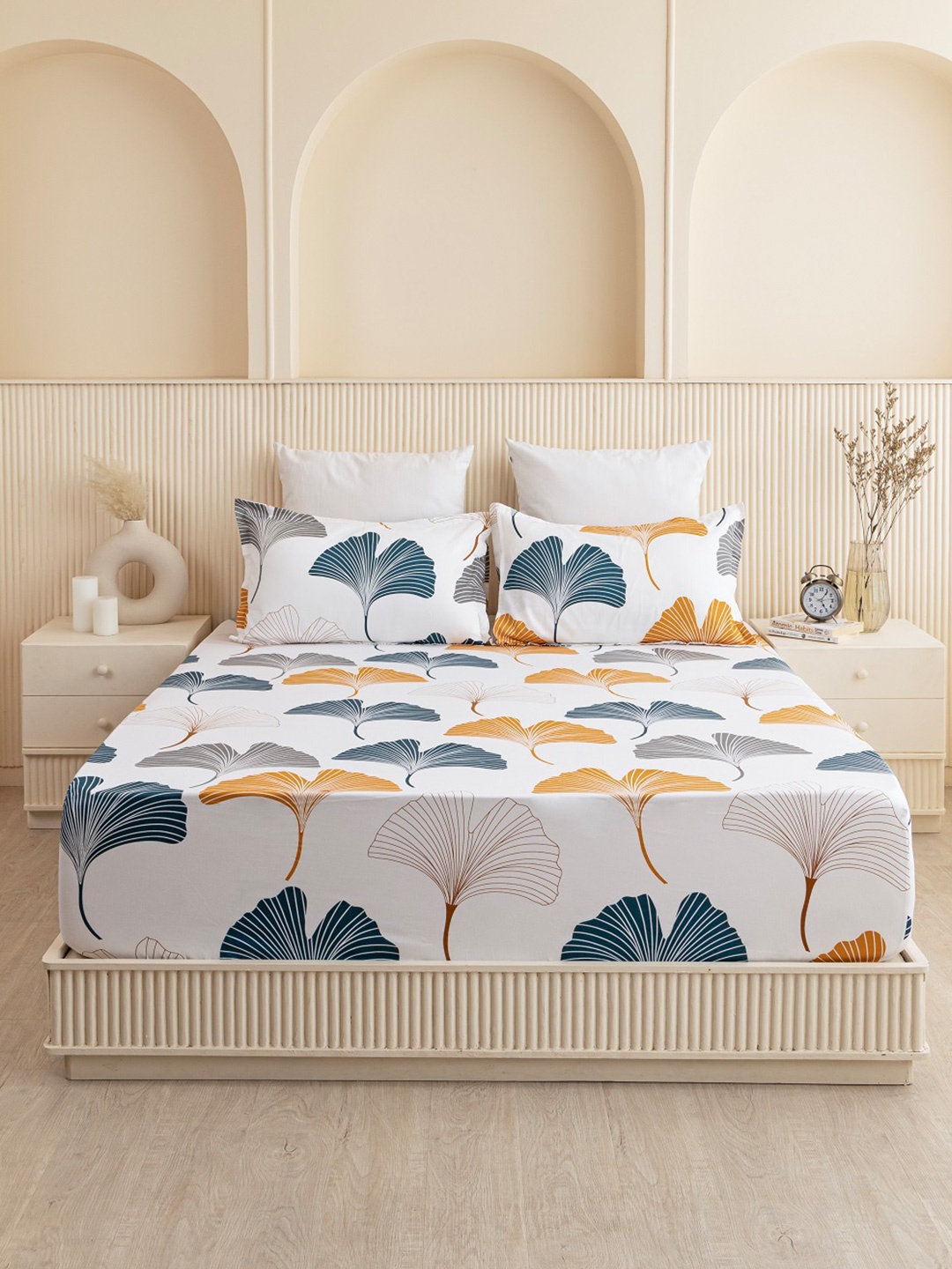 

HOMEMONDE White Printed 210 TC Cotton Fitted Double Queen Bedsheet & 2 Pillow Covers, Mustard