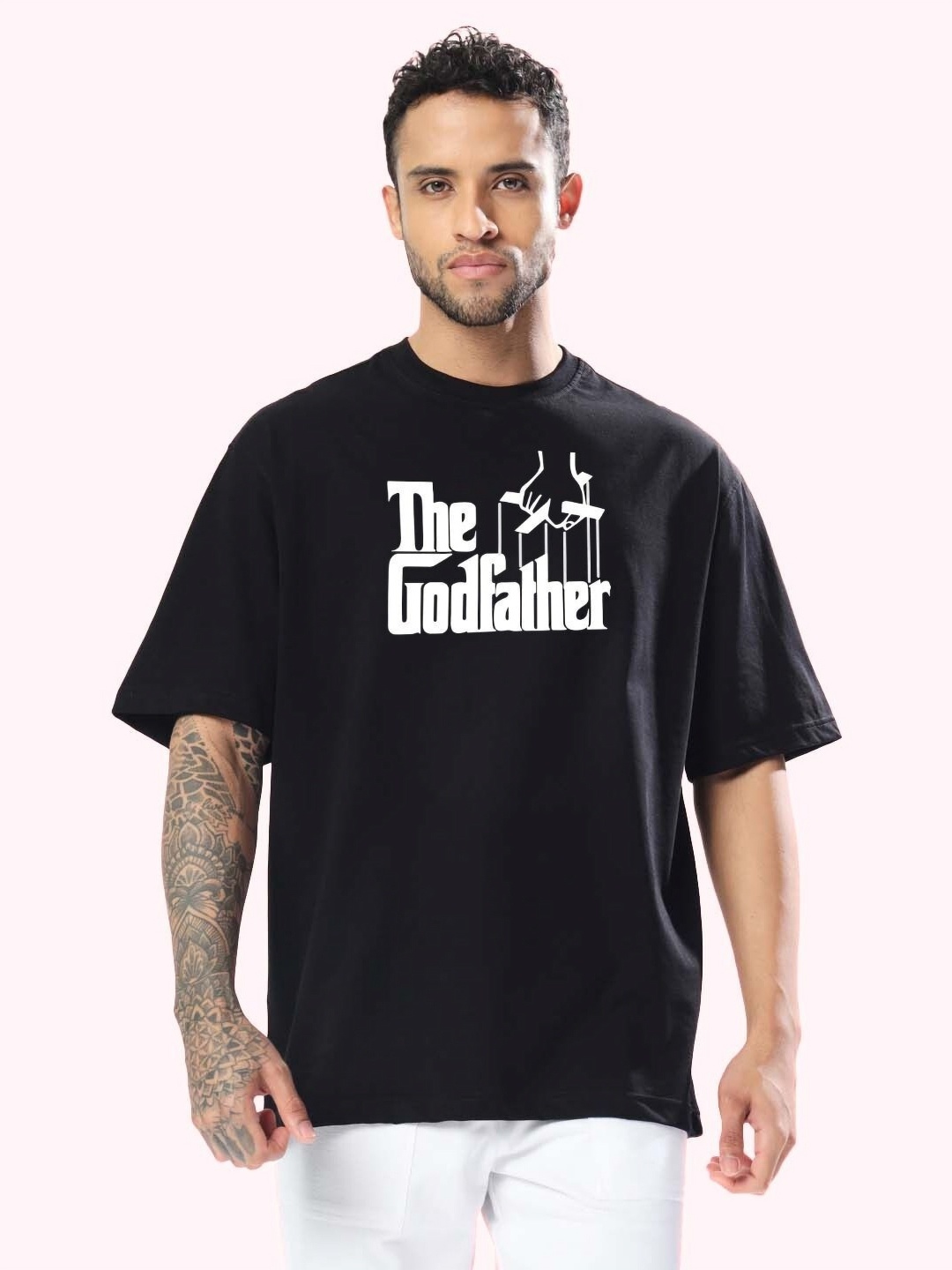 

WEARDUDS Men Printed Round Neck Cotton Oversized Tshirt, Black