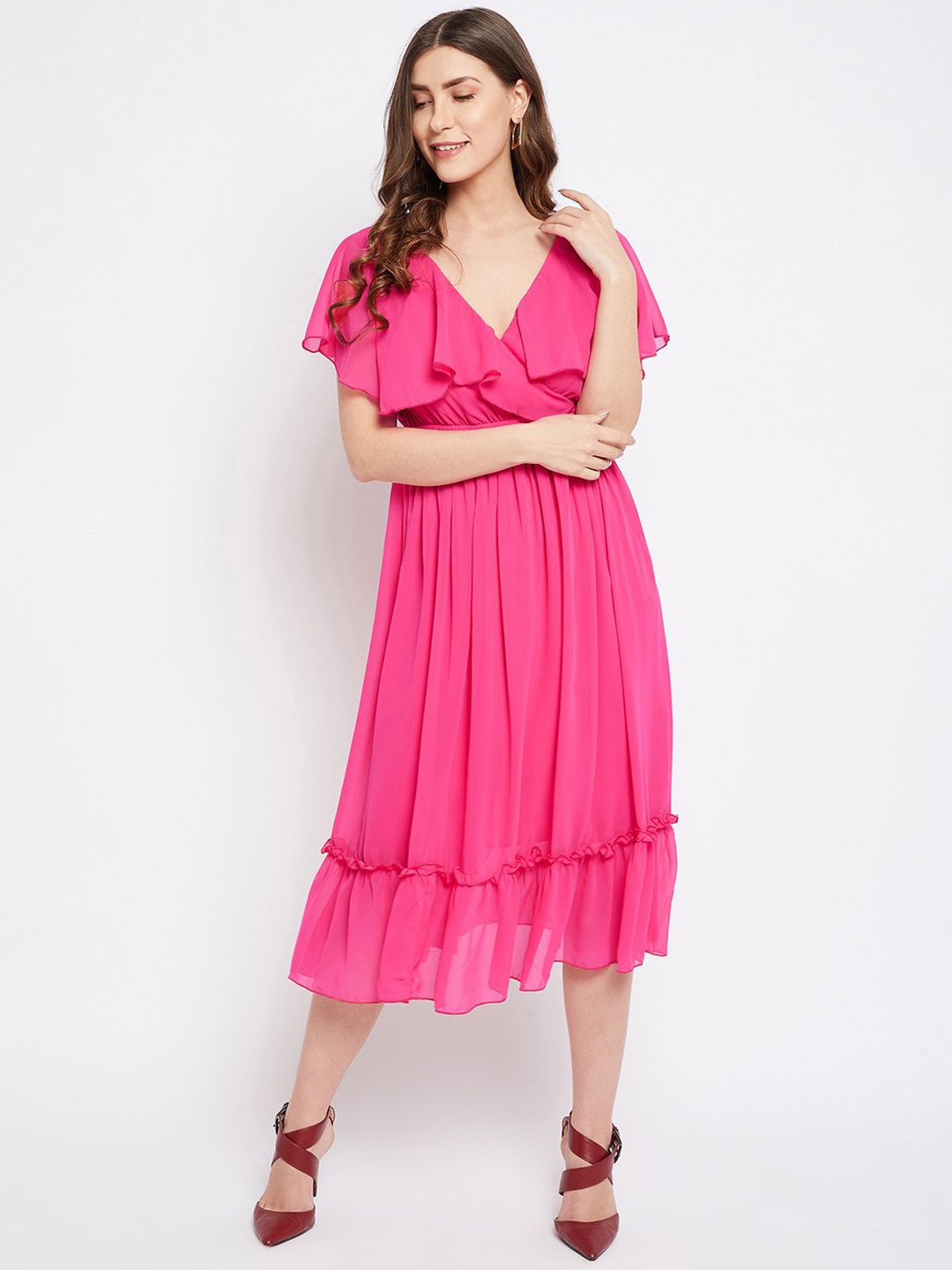 

Bitterlime V-Neck Georgette Midi Dress, Pink