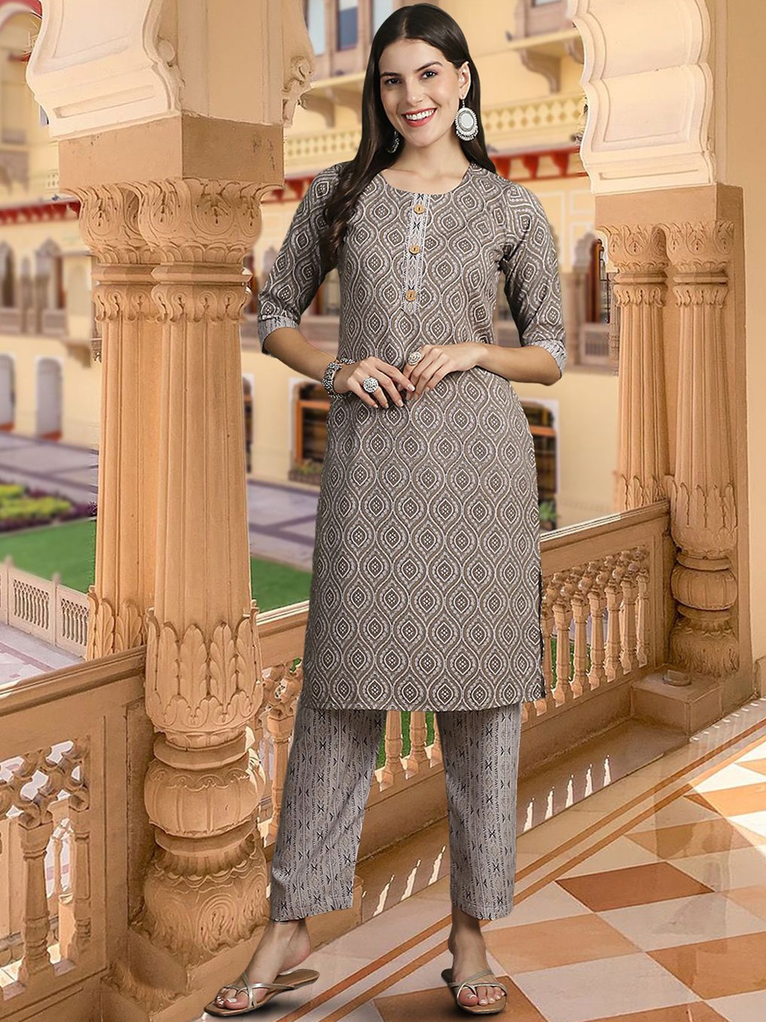 

7Threads Ethnic Motifs Printed Regular Pure Cotton Kurta with Trousers & Dupatta, Grey melange
