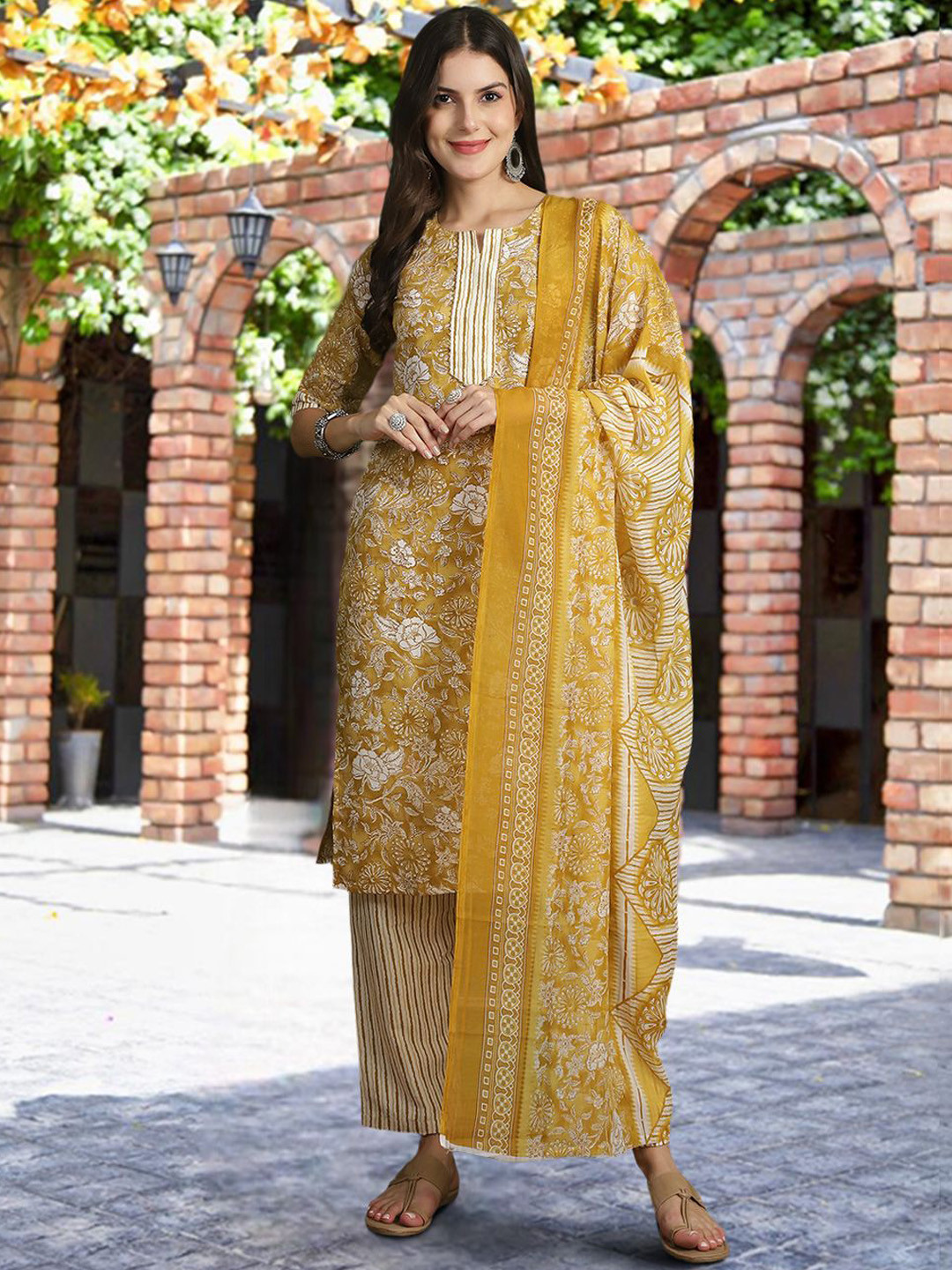 

7Threads Floral Printed Pure Cotton Straight Kurta With Trousers & Dupatta, Mustard