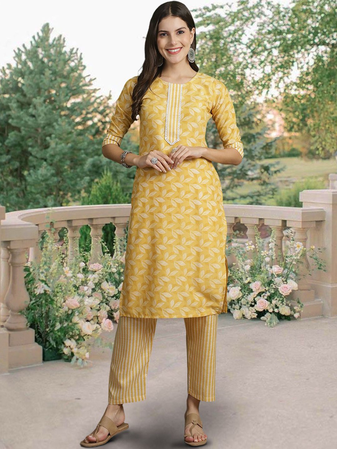 

7Threads Floral Printed Pure Cotton Straight Kurta with Trousers & Dupatta, Yellow