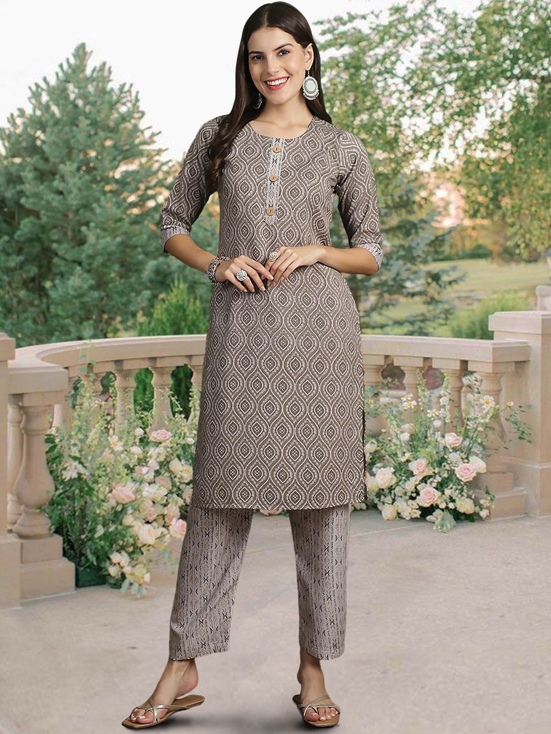 

7Threads Ethnic Motifs Printed Straight Pure Cotton Kurta with Trousers & Dupatta, Grey melange