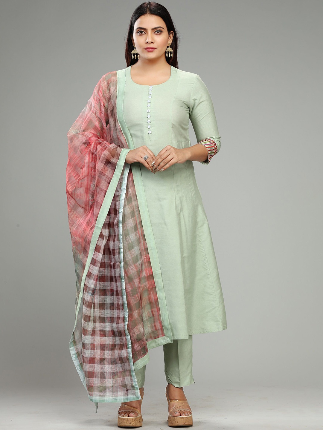 

COTTON CULTURE Mahika Round Neck Regular Cotton Silk A-Line Kurta With Churidar & Dupatta, Green