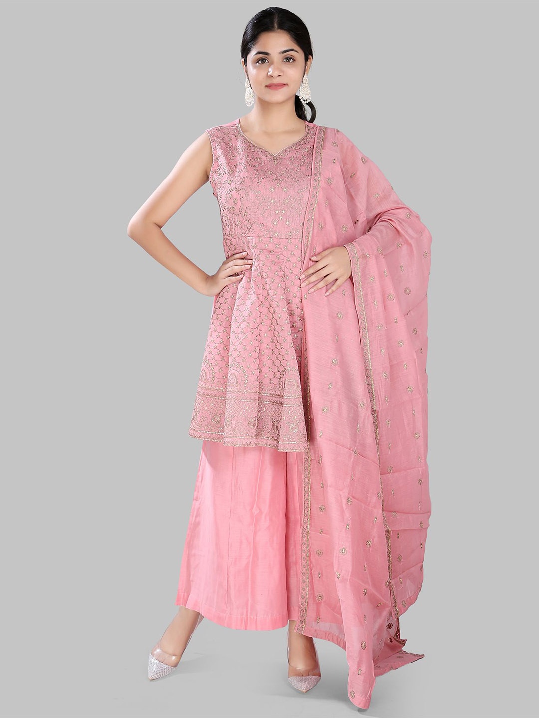 

COTTON CULTURE Floral Embroidered Thread Work Pure Cotton Kurta with Sharara & Dupatta, Pink
