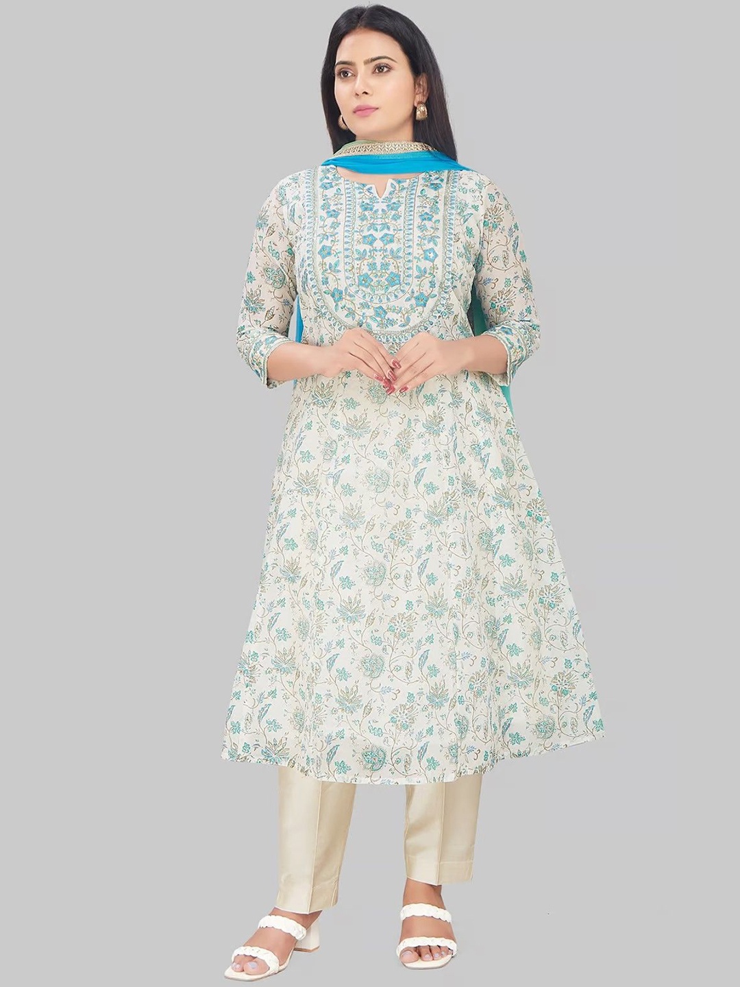 

COTTON CULTURE Floral Embroidered Thread Work Chanderi Cotton Kurta with Trouser & Dupatta, Off white