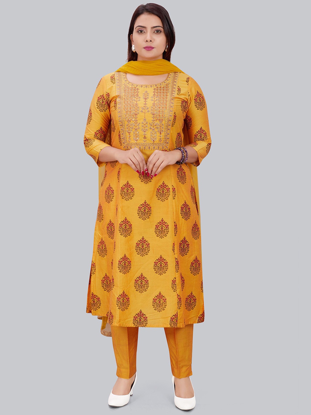 

COTTON CULTURE Floral Printed Sequinned Cotton Silk Kurta with Trousers & Dupatta, Mustard
