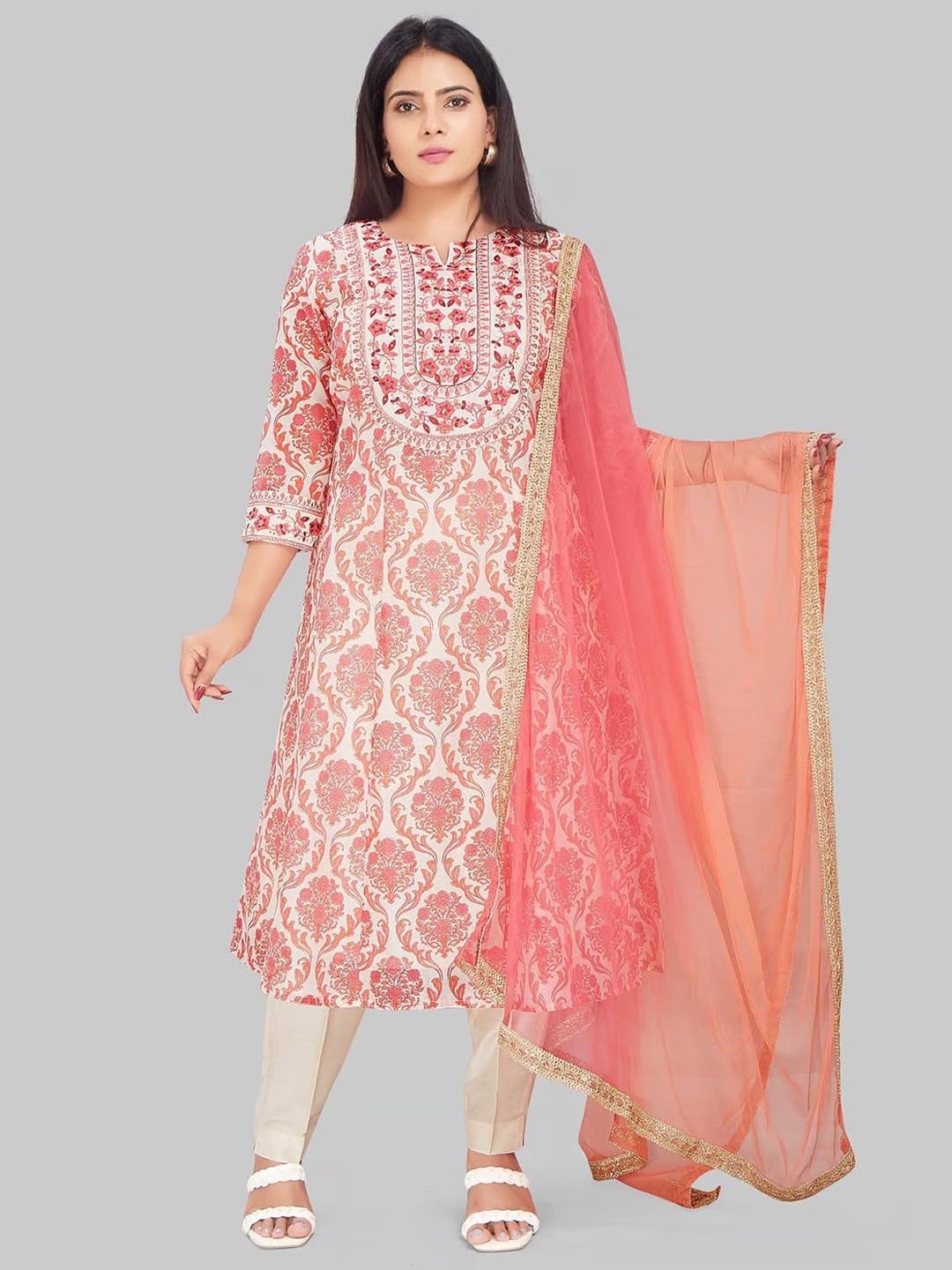 

COTTON CULTURE Floral Embroidered Chanderi Cotton A-Line Kurta With Trouser & Dupatta, Peach