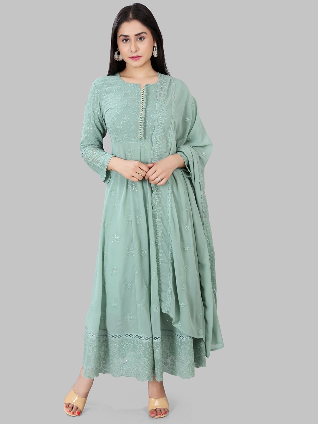 

COTTON CULTURE Floral Embroidered Pure Cotton Straight Kurta With Trouser & Dupatta, Green