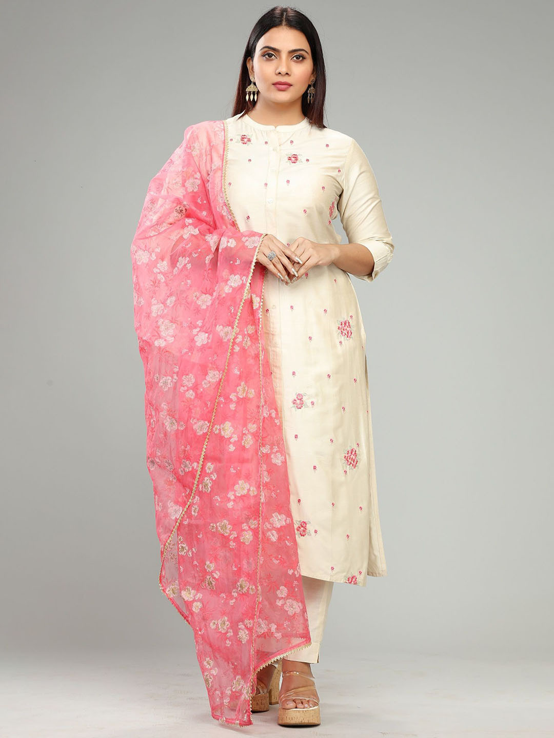 

COTTON CULTURE Floral Embroidered Cotton Silk A-Line Kurta With Trouser & Dupatta, Cream