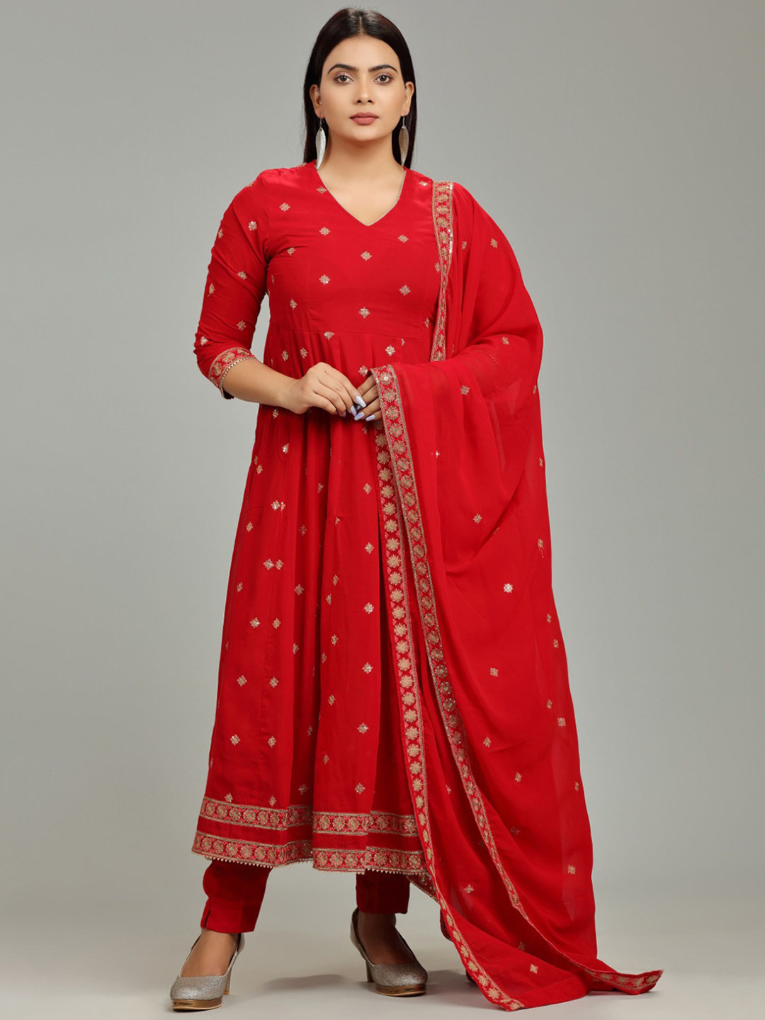 

COTTON CULTURE Floral Embroidered Georgette Anarkali Kurta With Churidar & Dupatta, Red