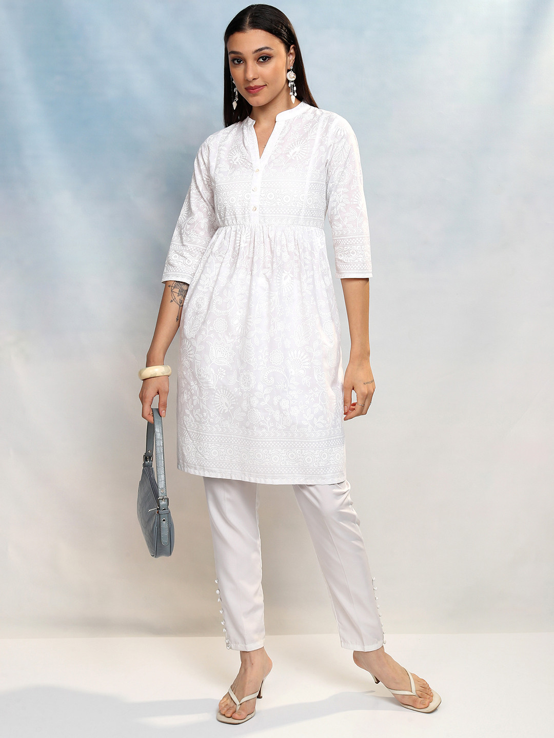 

Vishudh Embroidered Fit and Flare Maxi Ethnic Dress, White