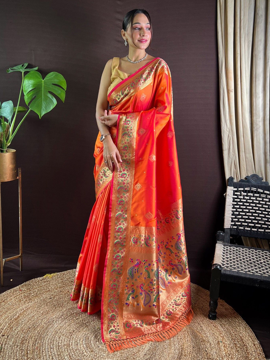 

Panzora Woven Design Zari Paithani Saree, Orange