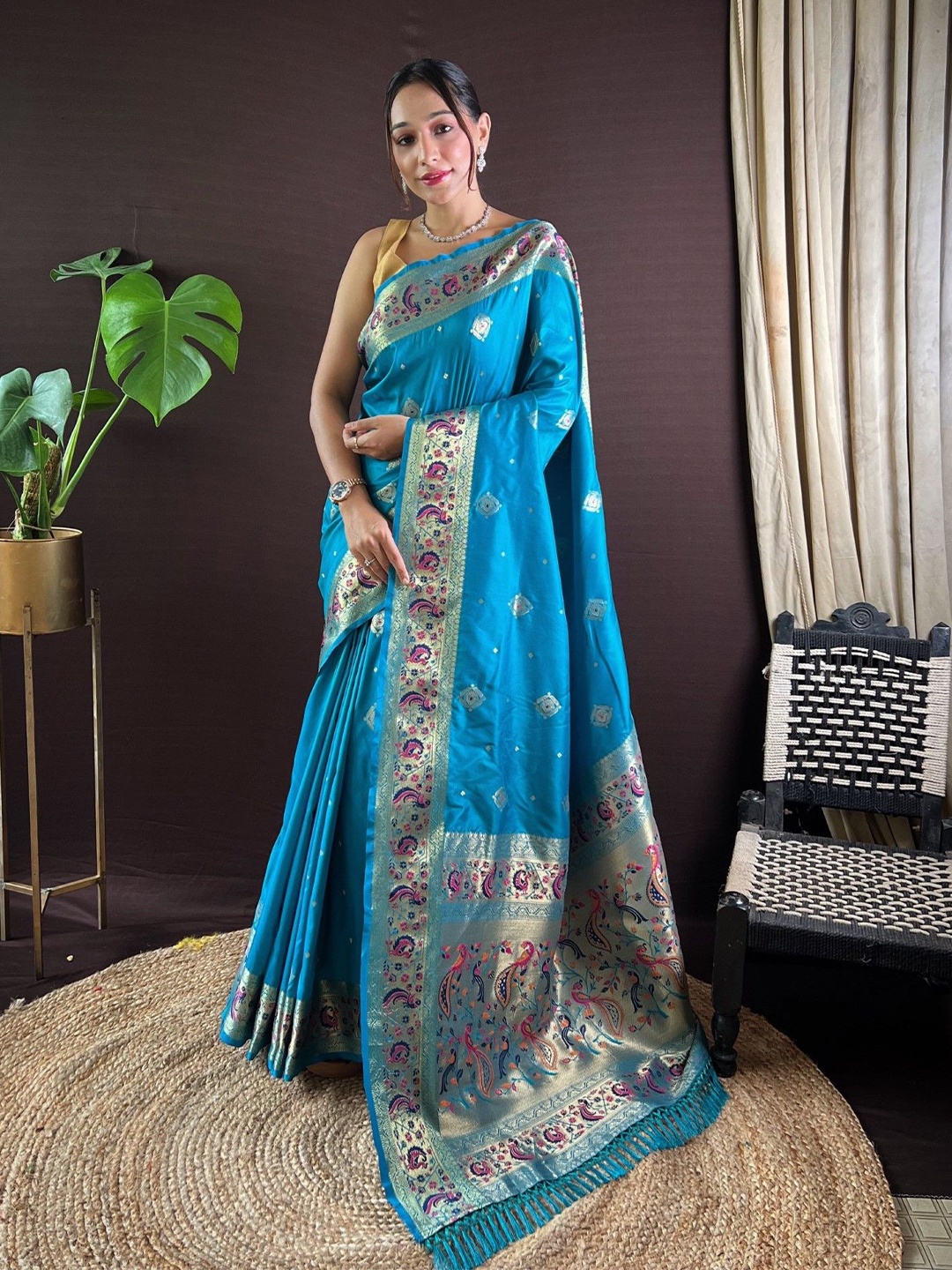 

Panzora Ethnic Motifs Woven Design Zari Paithani Saree, Turquoise blue