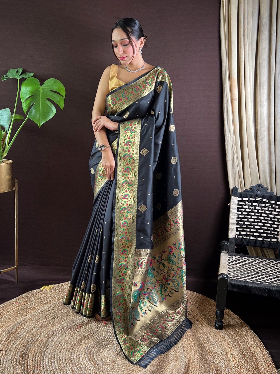 

Panzora Ethnic Motifs Woven Design Zari Paithani Saree, Black