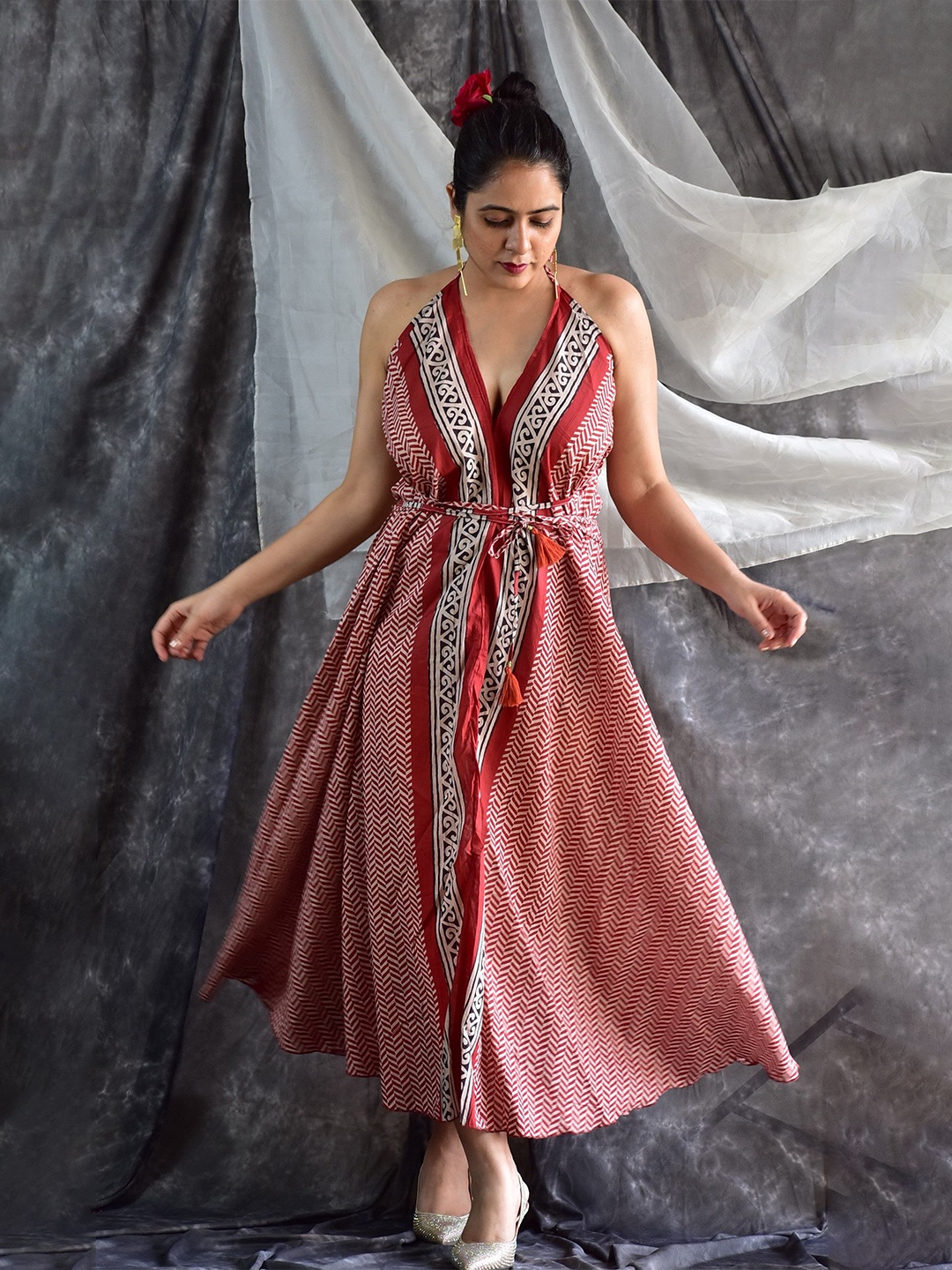 

Sundarii Printed Halter Neck Sleeveless Cotton Fit & Flare Maxi Dress, Red