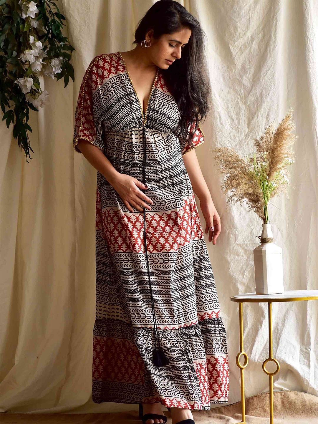 

Sundarii Ethnic Motifs Printed Tie-Up Empire Maxi Ethnic Dress, Beige