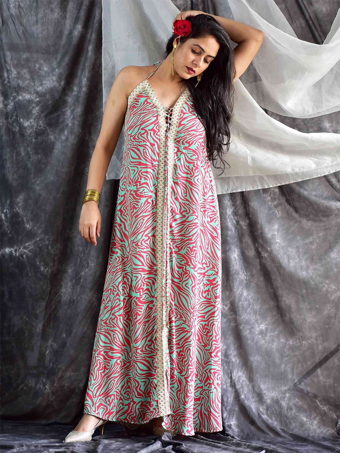 

Sundarii Printed Halter Neck Crepe A-line Maxi Dress, Green