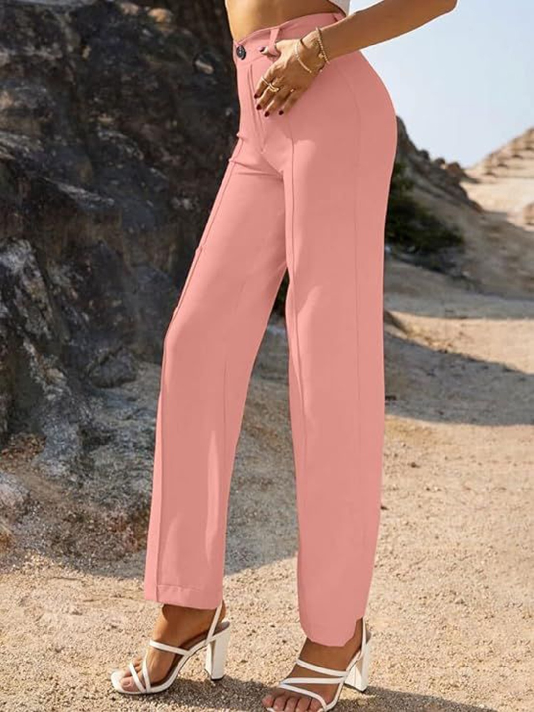

BAESD Women Relaxed Straight Leg Straight Fit High-Rise Trouser, Peach
