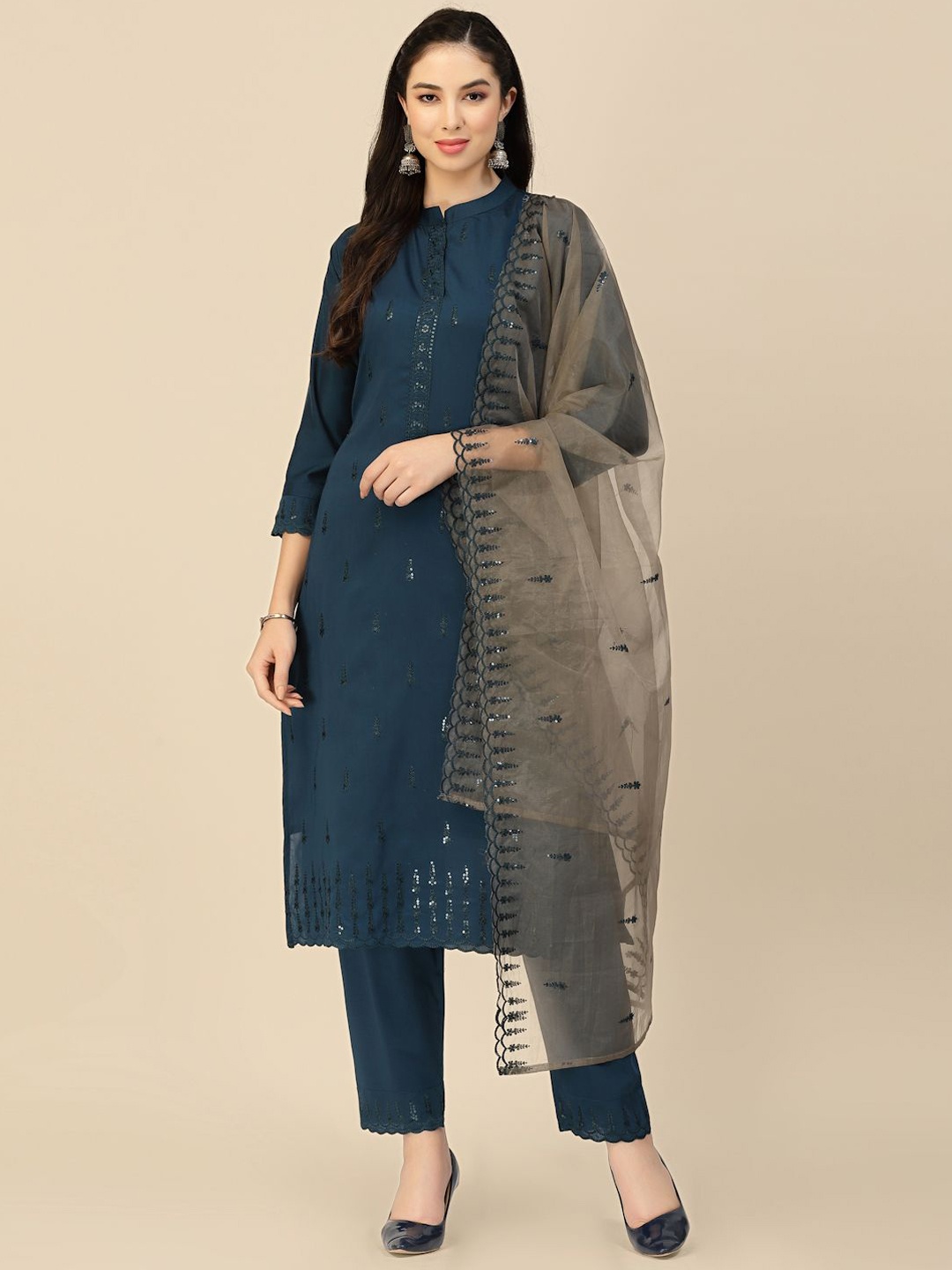 

Sangria Teal Blue Floral Embroidered Sequinned Straight Kurta With Trouser & Dupatta