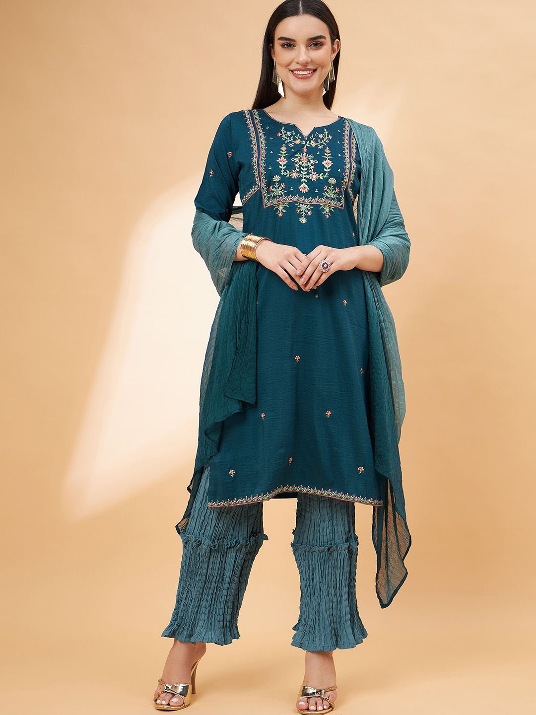 

Sangria Teal Blue Floral Embroidered Straight Kurta With Palazzos & Dupatta