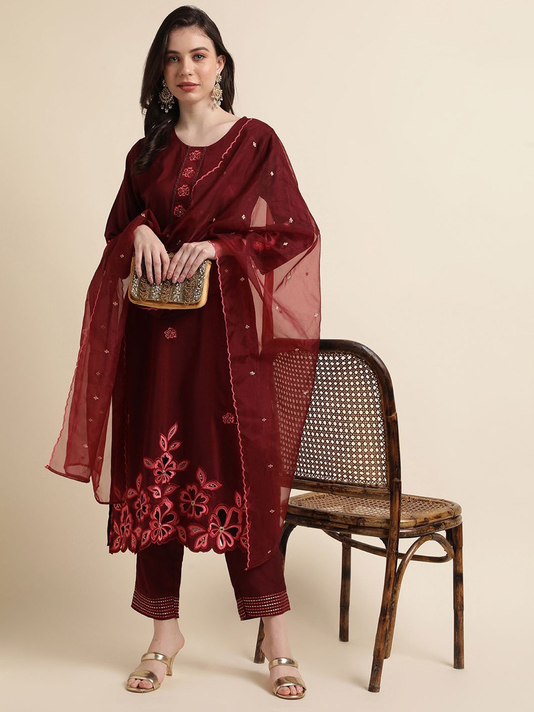 

Sangria Maroon Floral Embroidered Straight Kurta With Trouser & Dupatta