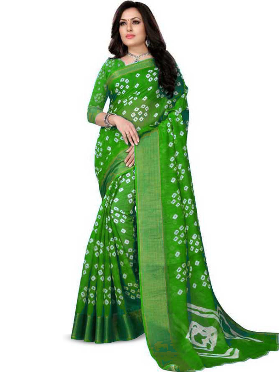 

RUNAYA NX Bandhani Printed Zari Saree, Green