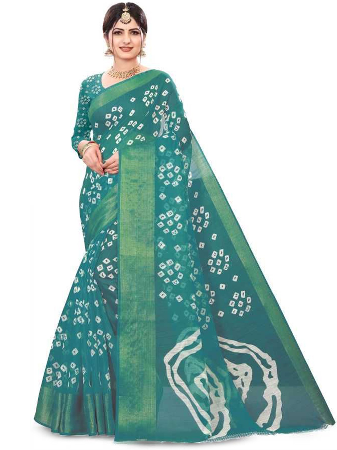 

RUNAYA NX Bandhani Printed Zari Saree, Blue