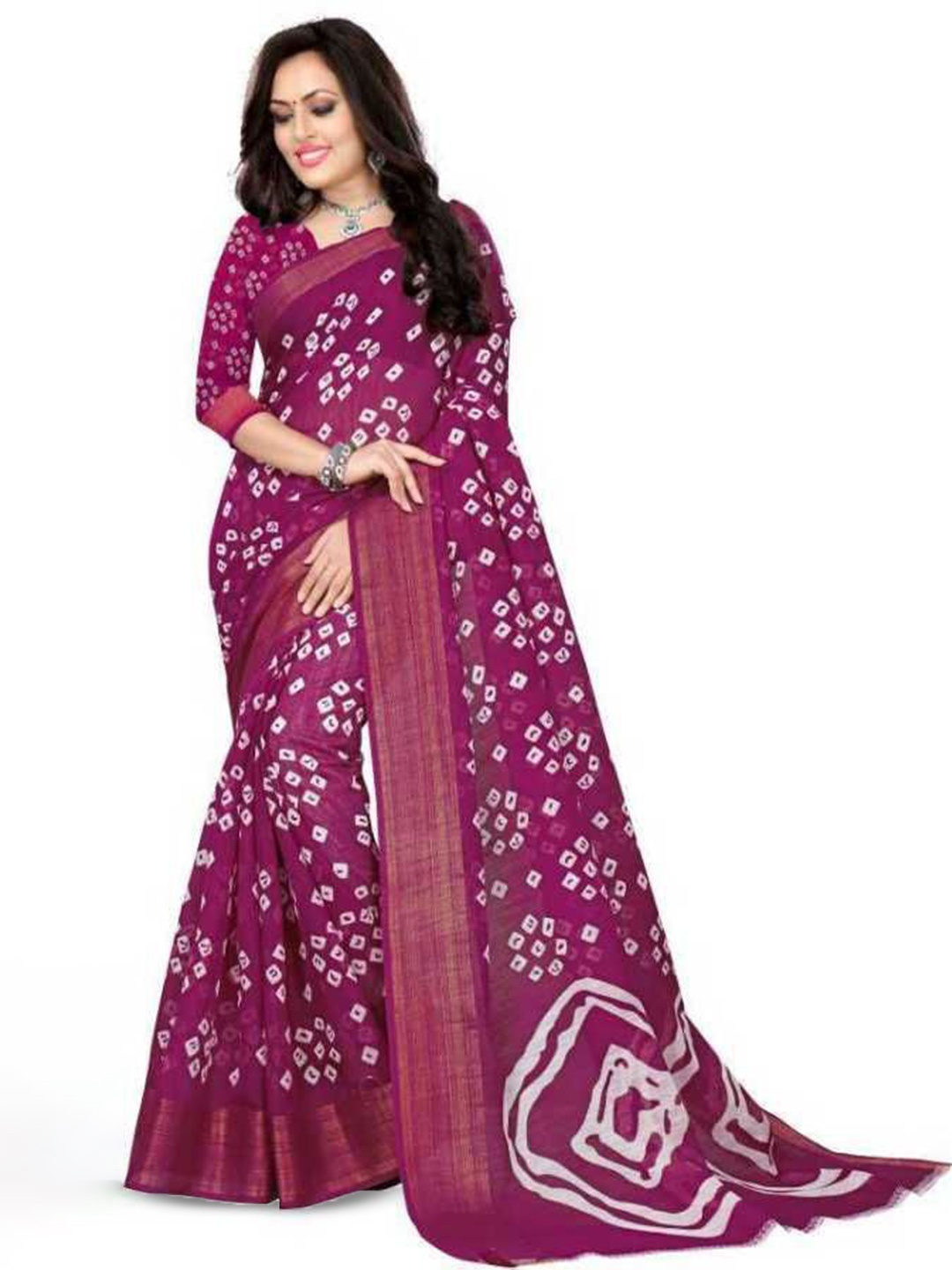 

RUNAYA NX Bandhani Zari Saree With Blouse Piece, Purple