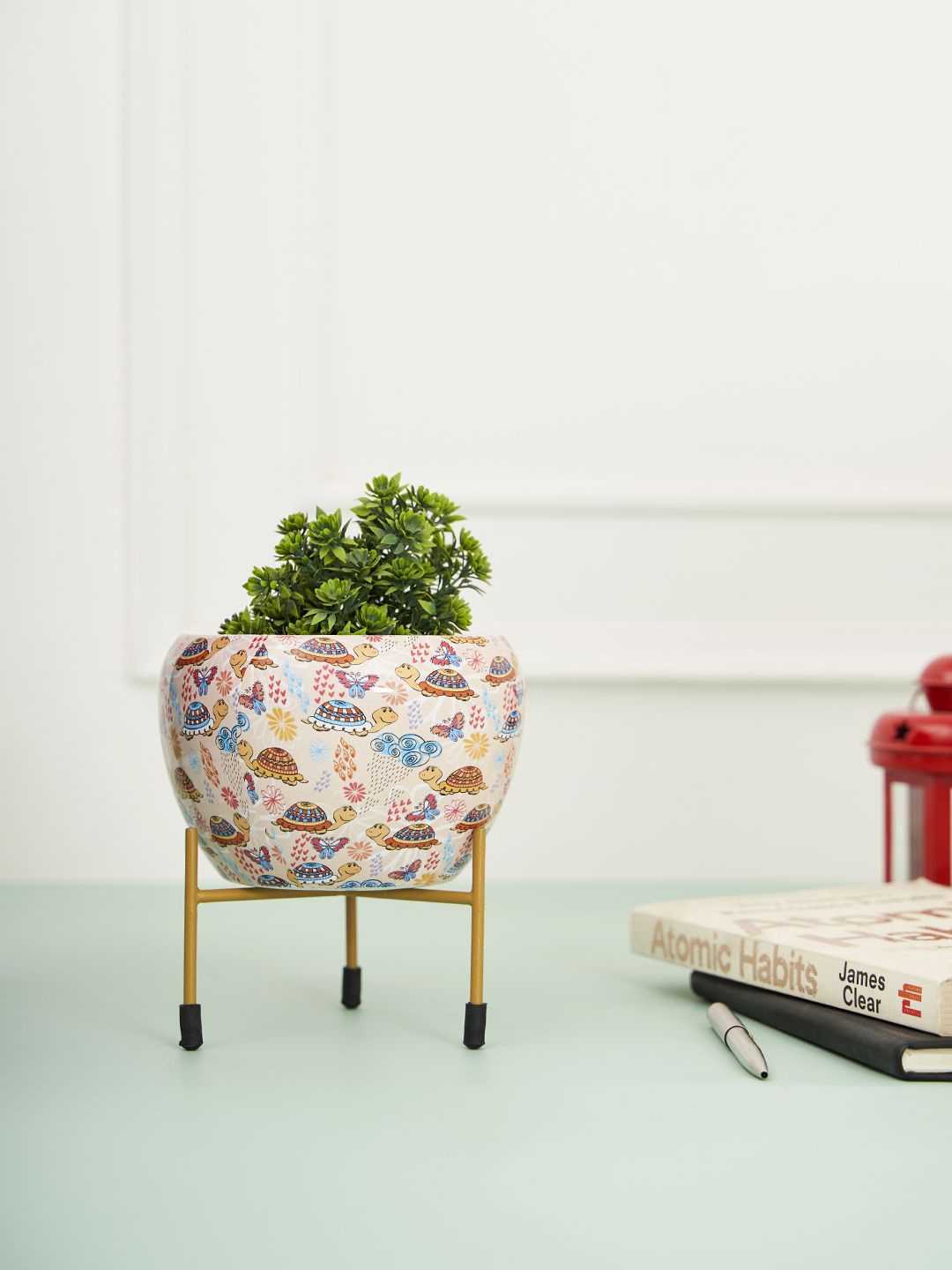 

DecorTwist White & Red Printed Metal Planter With Stand