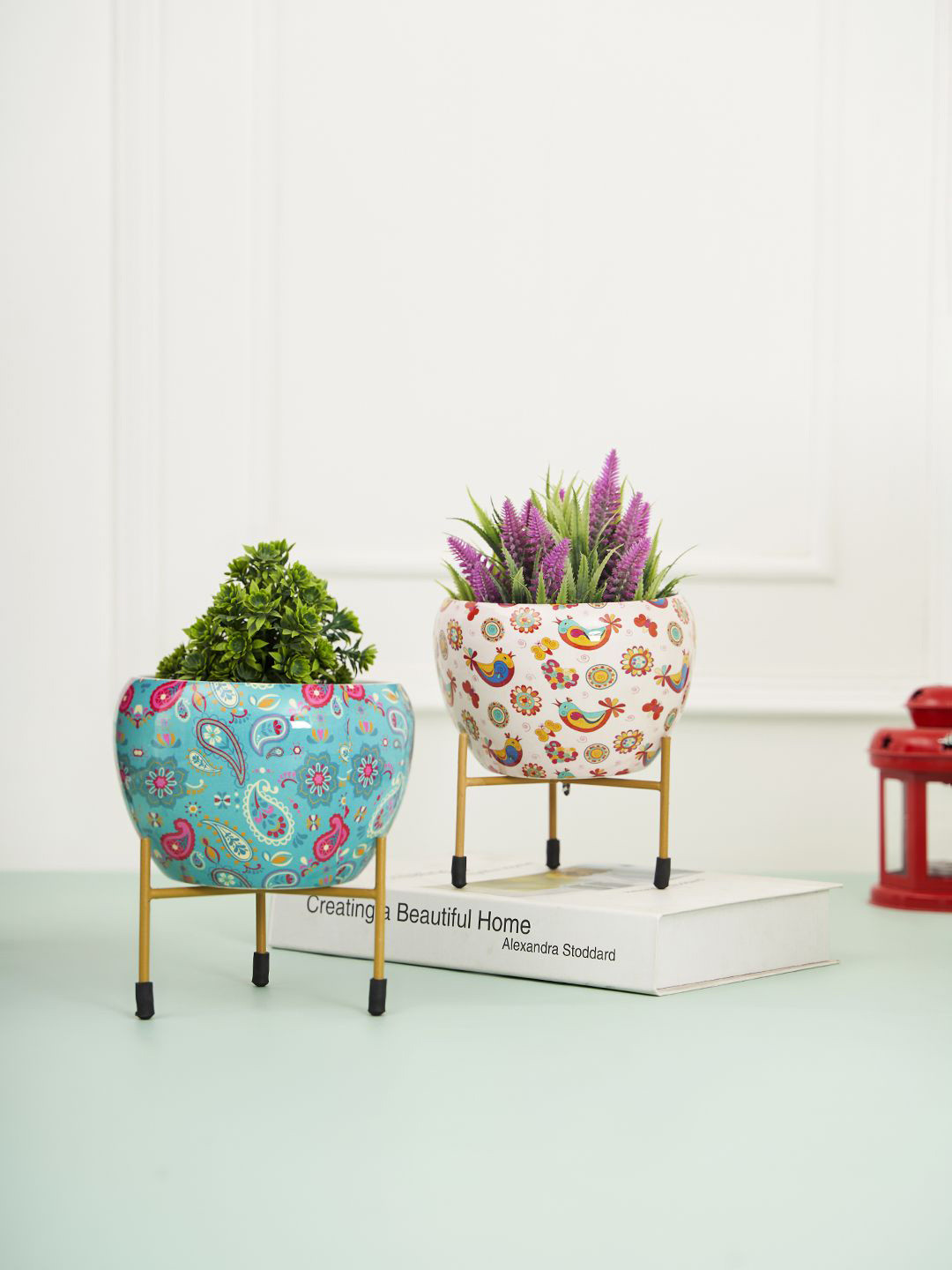 

DecorTwist White & Blue 2 Pieces Floral Printed Metal Planter With Stand