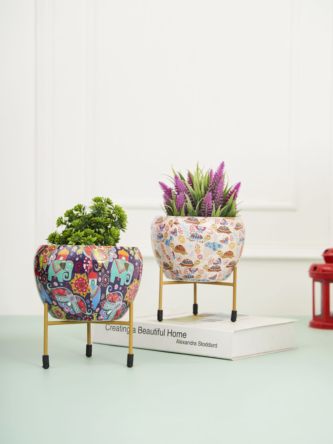 

DecorTwist Beige & Violet 2 Pieces Metal Printed Planter With Stand