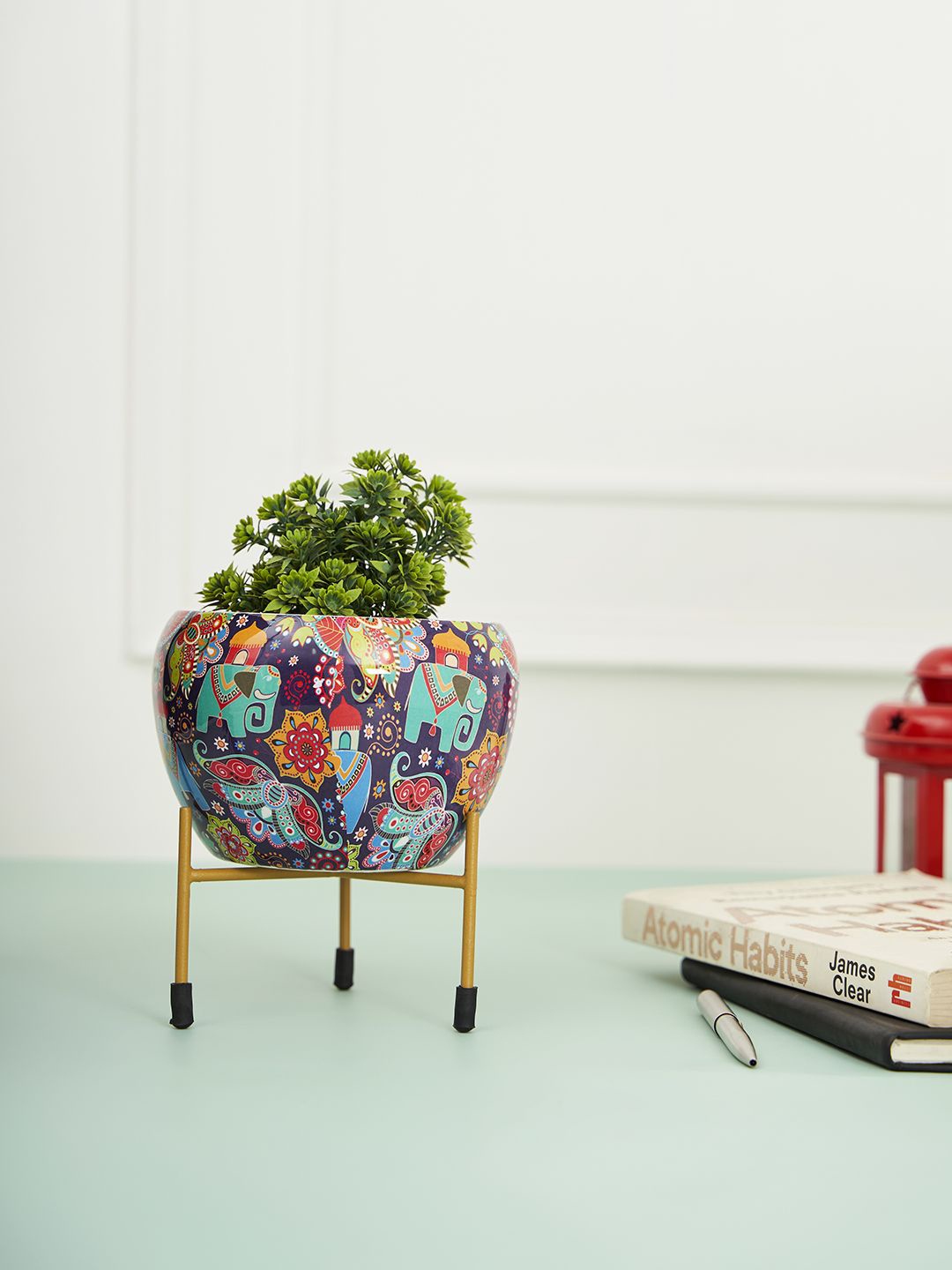 DecorTwist Purple & Green Printed Metal Planter With Stand