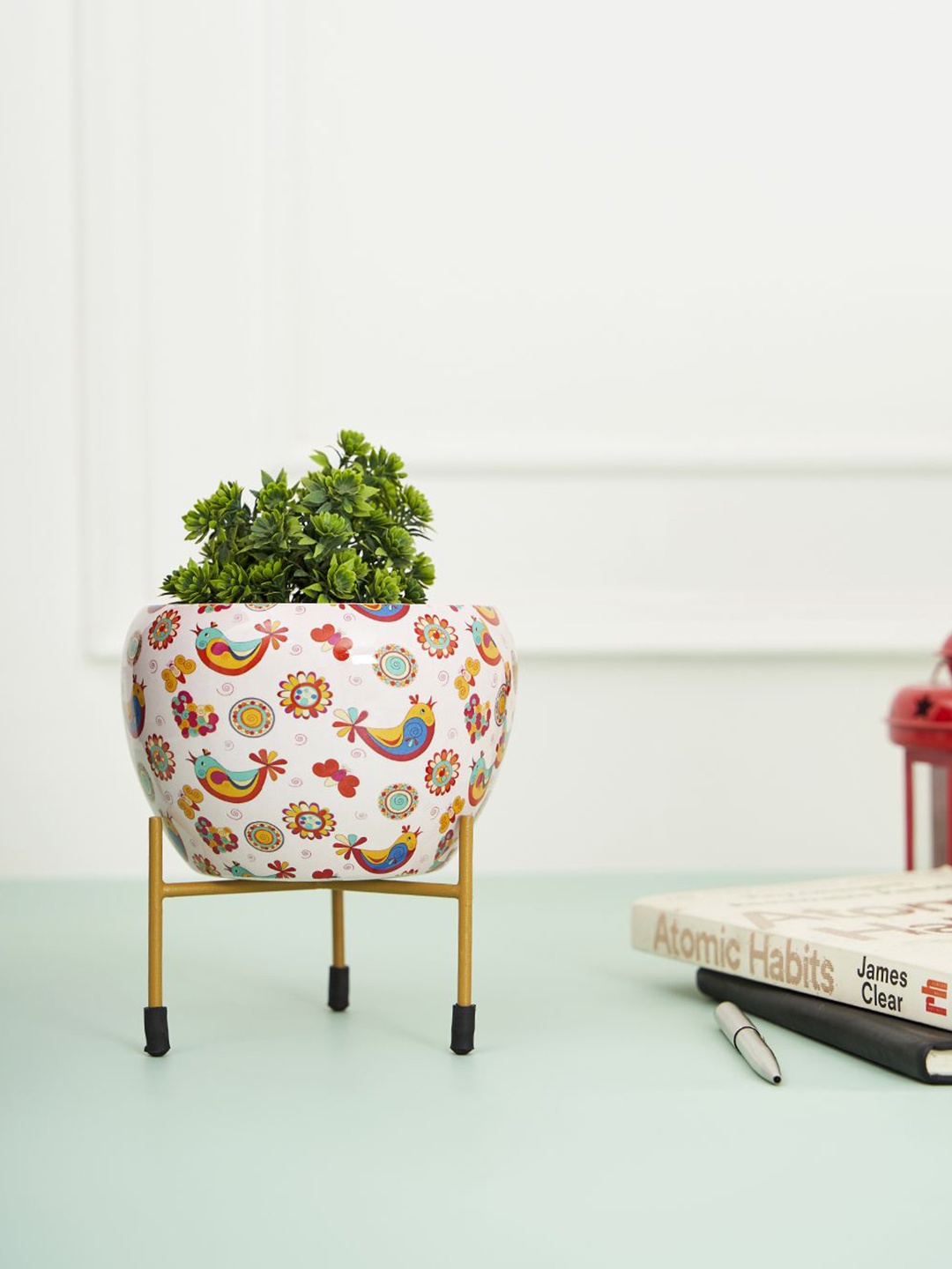 

DecorTwist White & Red Floral Printed Metal Planter With Stand