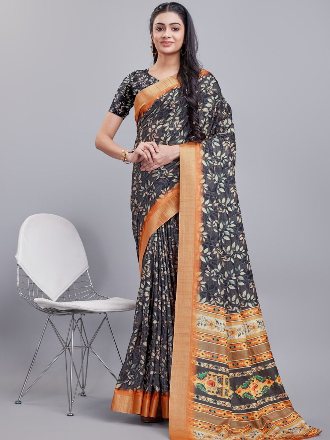 

Mitera Floral Printed Zari Saree, Charcoal