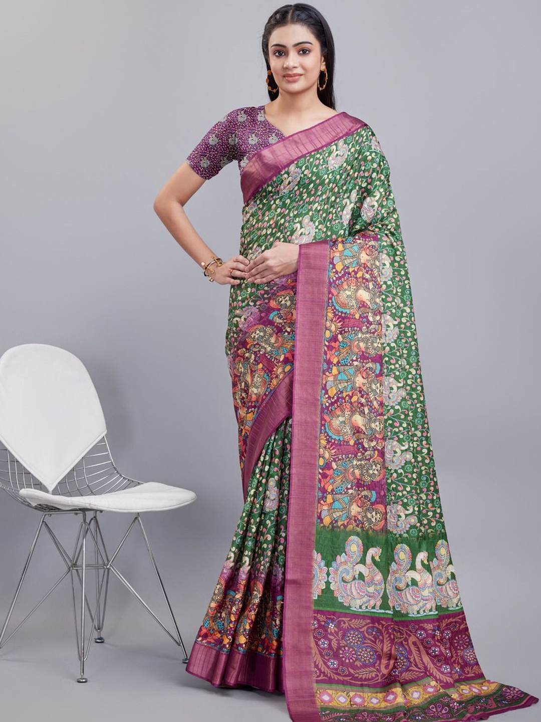 

Mitera Kalamkari Printed Zari Saree, Green
