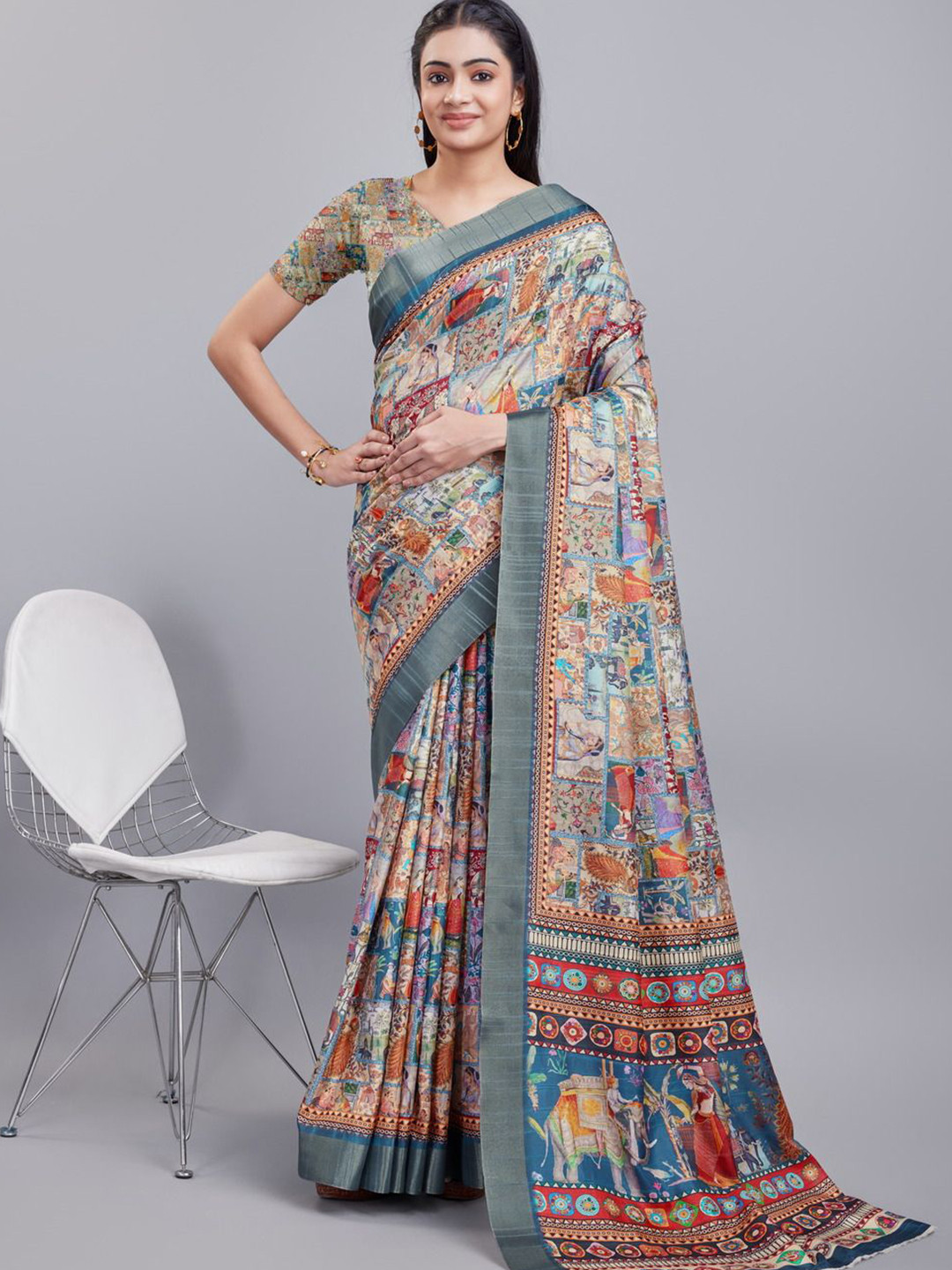 

Mitera Ethnic Motifs Zari Saree, Grey