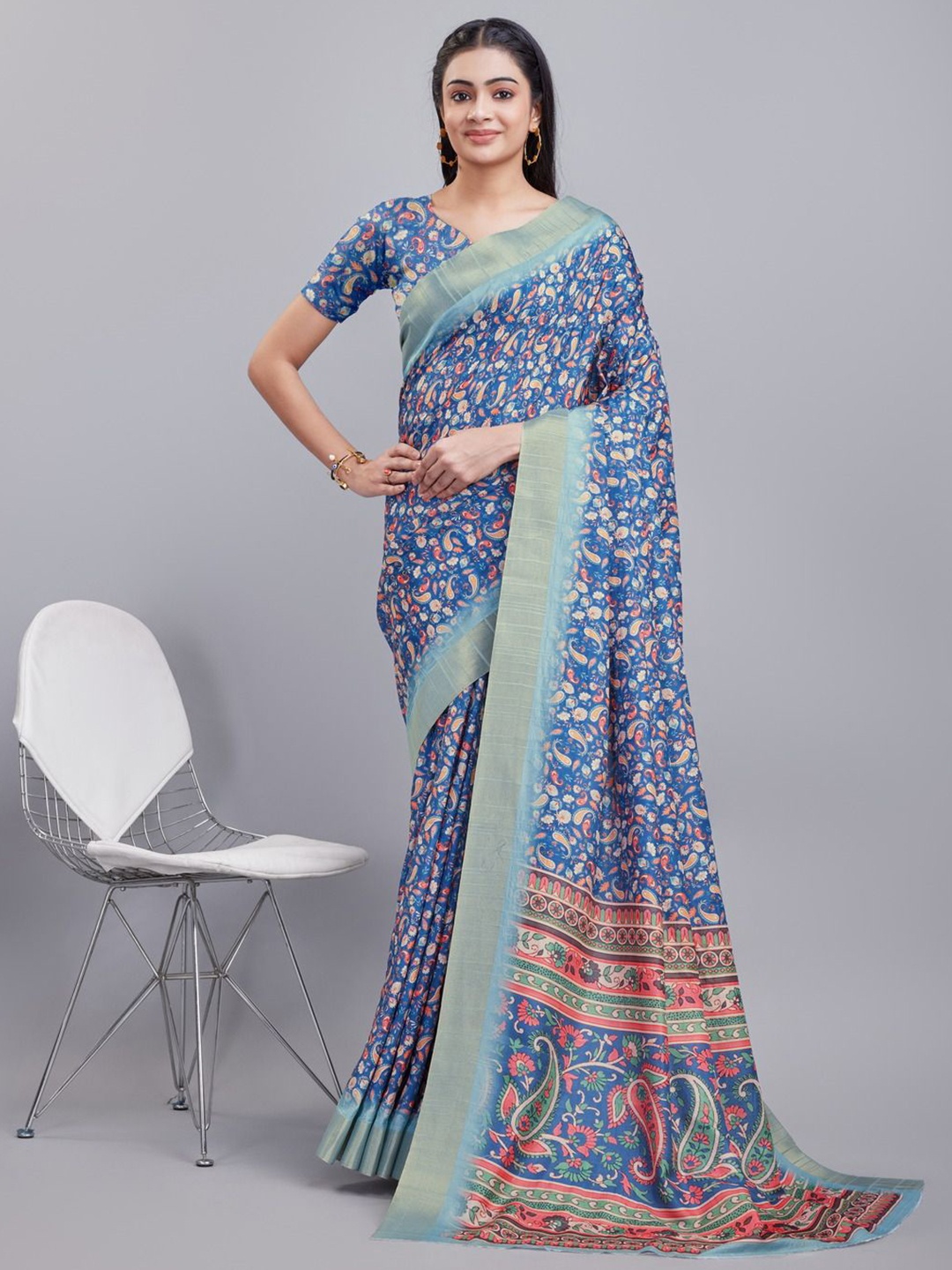 

Mitera Paisley Printed Zari Saree With Blouse Piece, Blue