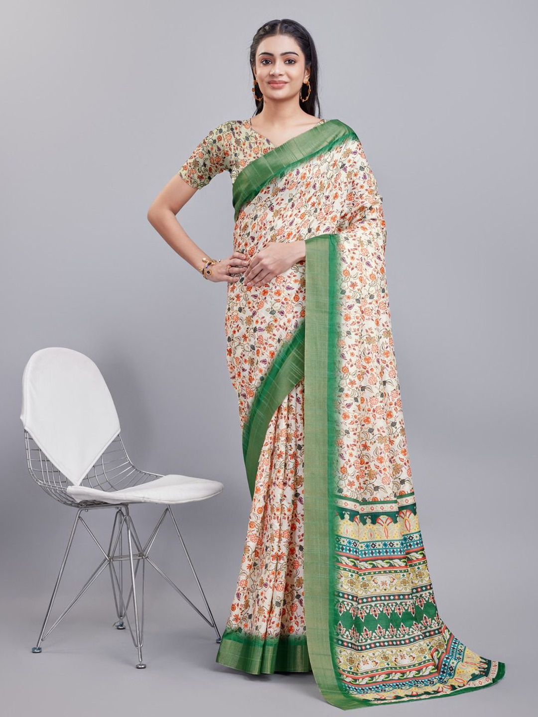 

Mitera Floral Printed Saree, Cream