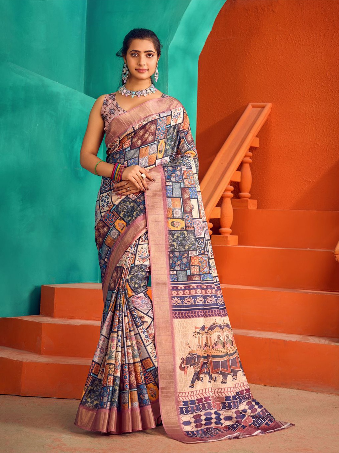 

Mitera Ethnic Motifs Printed Zari Saree, Blue