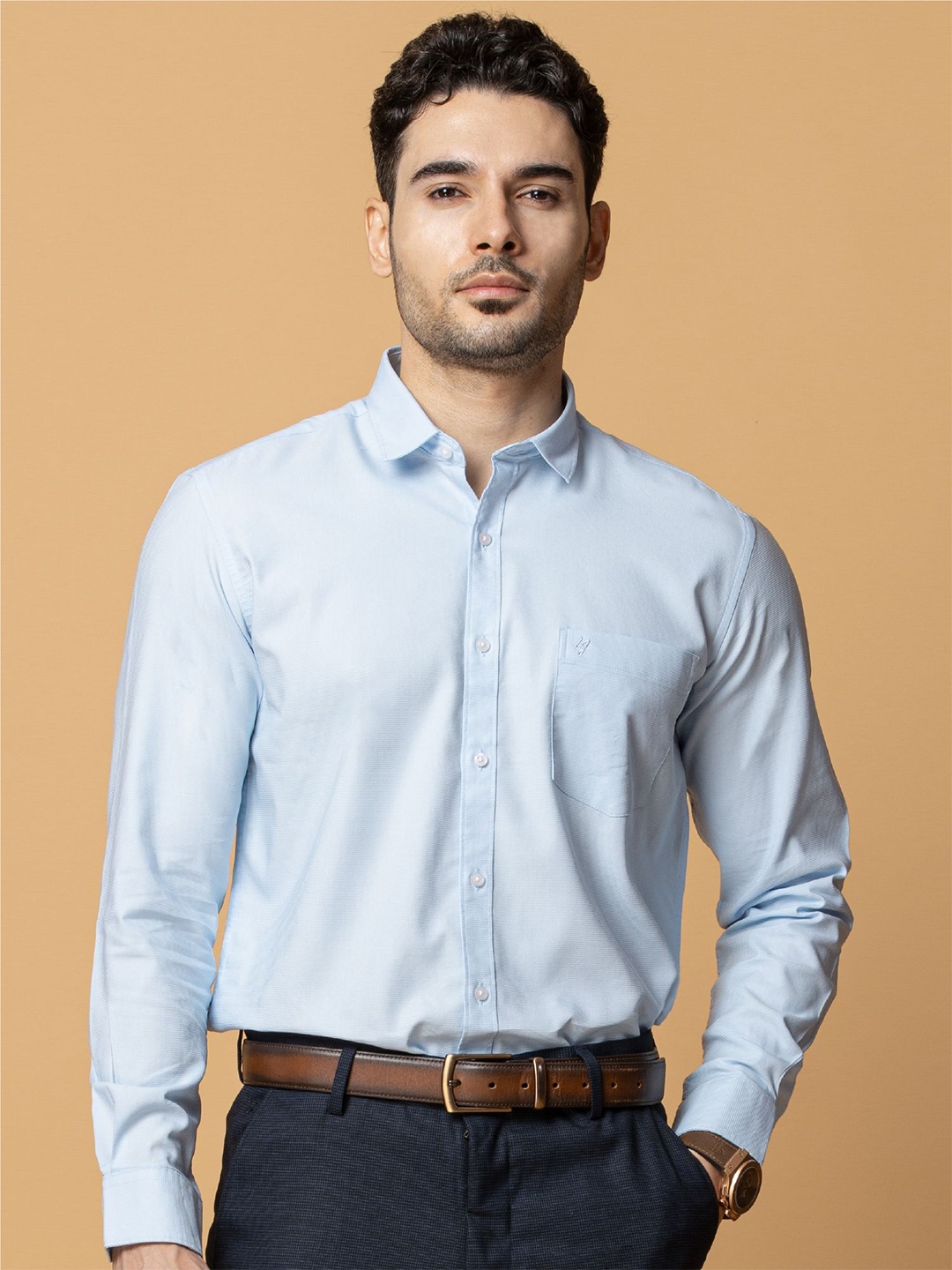 

Berkshire Men Comfort Spread Collar Solid Pocket Detailing Cotton Formal Shirt, Blue