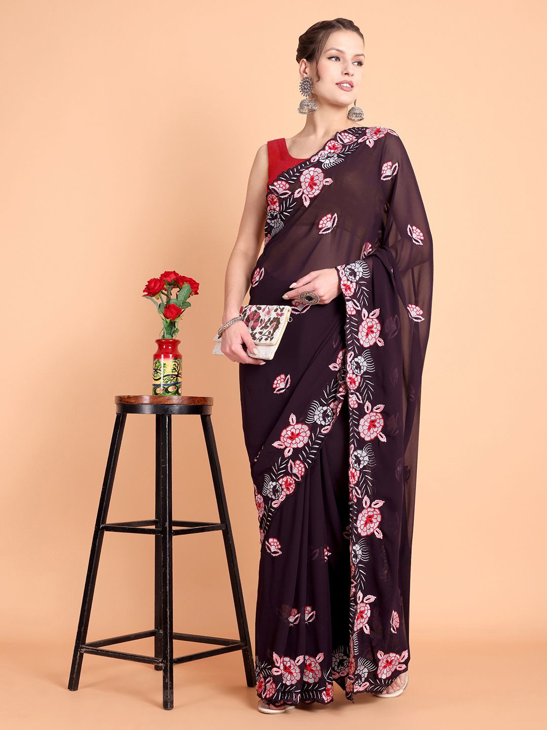 

SAREESBYCHIRAG Floral Embroidered Saree, Brown